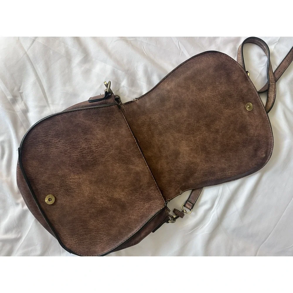 Madison West Women's Faux Leather Brown Saddle Bag‎ Purse with Adjustable Strap